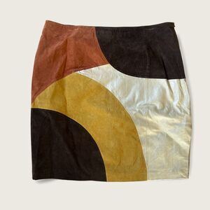 Y2K Colorblock Leather Skirt Size 20 Brown Tan Cream Patchwork Mini Plus Size